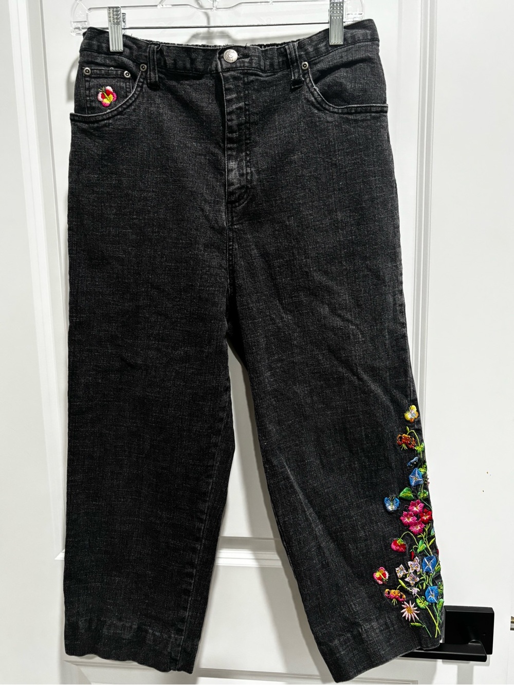 The Quaker Factory High-Rise Black Wide-Leg Jeans with Floral Embroidery